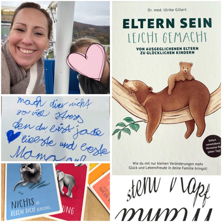 Collage: Selfie der Autorin mit Kind (Gesicht mit Herz verdeckt), Buch, handgeschriebener Zettel