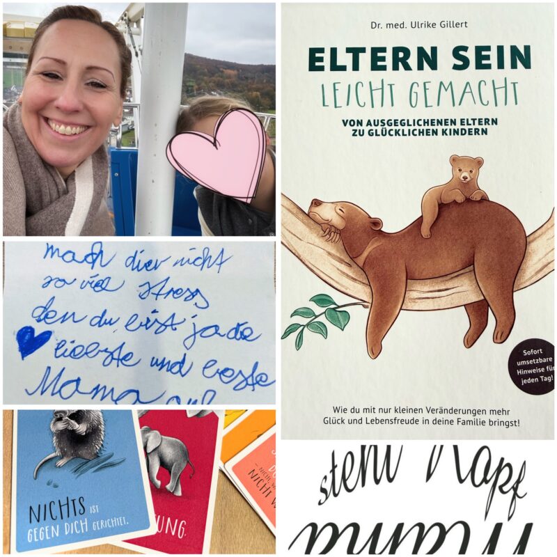 Collage: Selfie der Autorin mit Kind (Gesicht mit Herz verdeckt), Buch, handgeschriebener Zettel