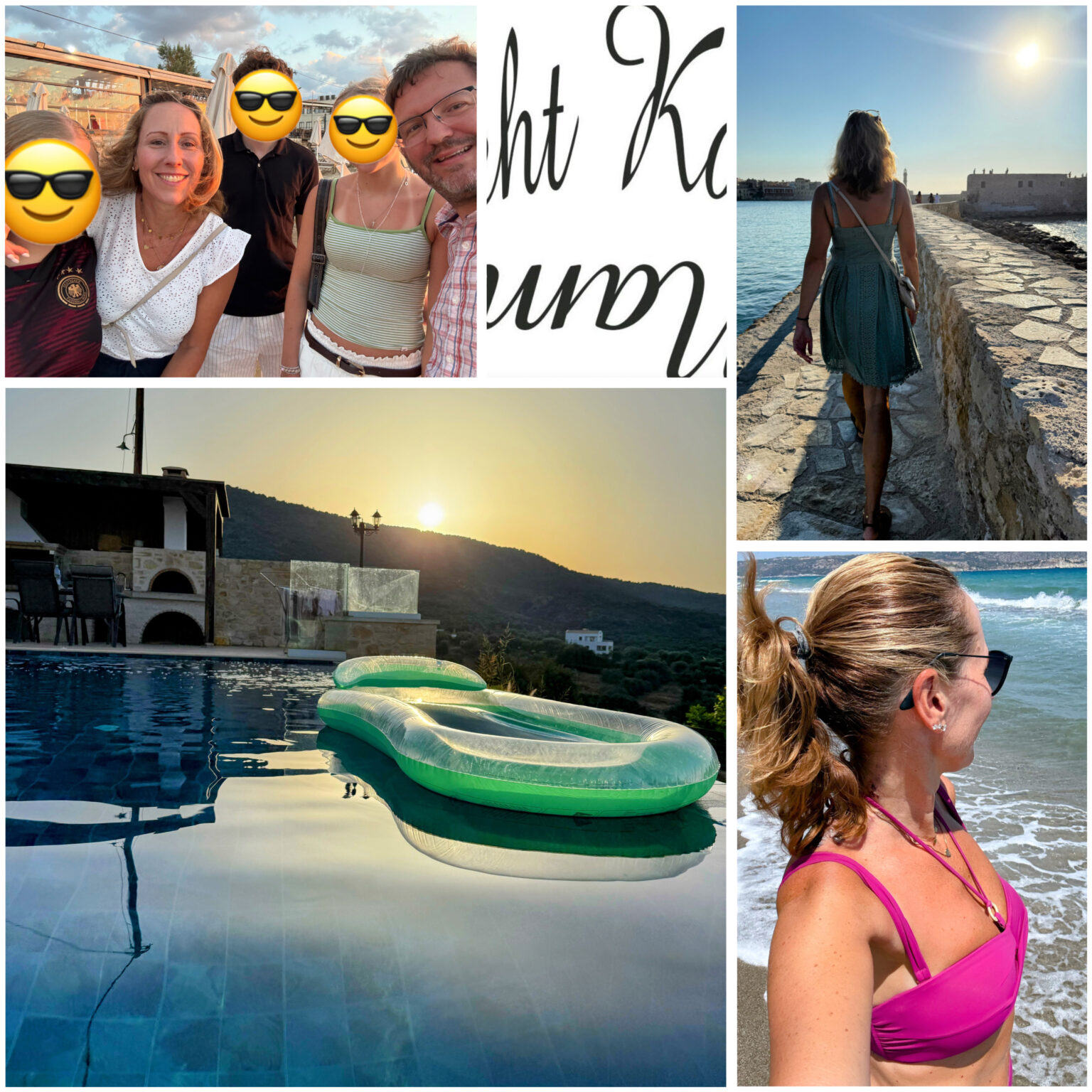 Collage vom Familienurlaub auf Kreta: Selfie zu fünft, die Gesichter der Kinder mit Emojis verdeckt, Pool im Abendlicht, Frau am Meer, Schriftzug Mama steht Kopf