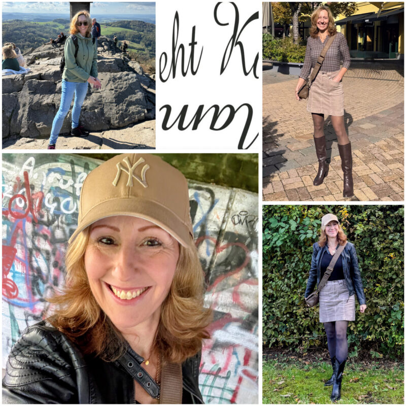 Collage: die Autorin in verschiedenen Herbst-Outfits, Selfie mit Basecap vor Graffiti, auf einem Aussichtsfelsen, Schriftzug Mama steht Kopf