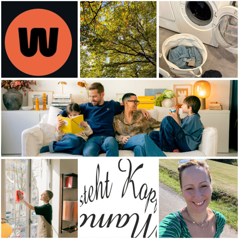 Collage: Wecasa-Logo, Herbstlaub, Wäschekorb vor der Waschmaschine, Familie auf dem Sofa, Fensterputzen, Schriftzug Mama steht Kopf und ein Selfie der Autorin im Grünen