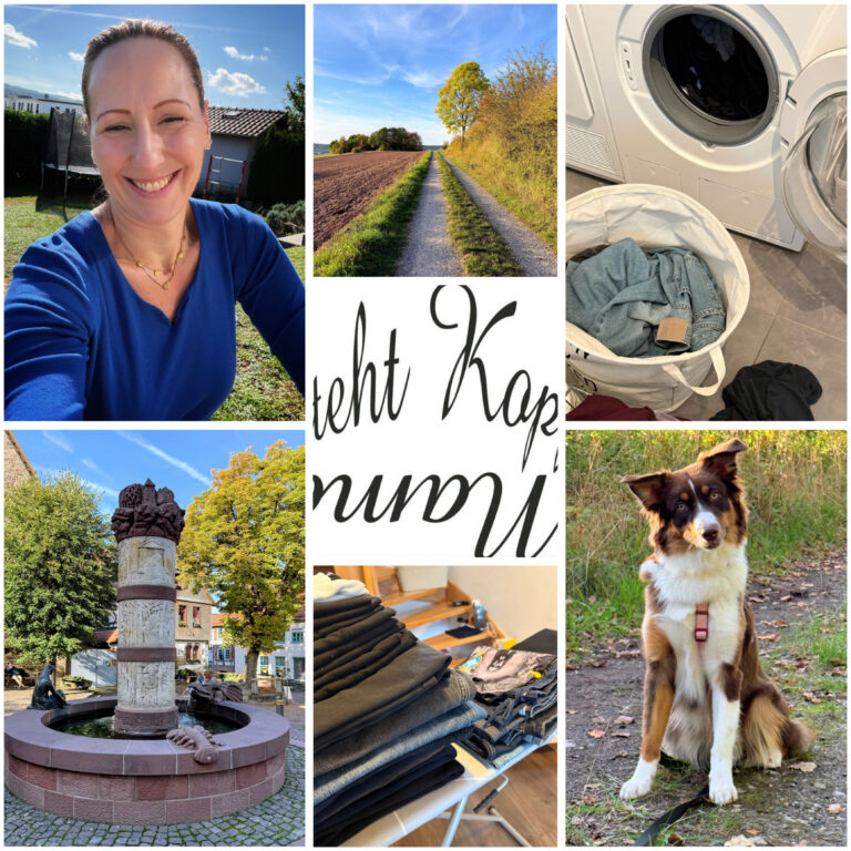 Collage: Selfie der Autorin im Grünen, Feldweg, Waschmaschine mit vollem Wäschekorb, Brunnen in der Altstadt, Stapel Jeans, Familienhund Hazel, Schriftzug Mama steht Kopf