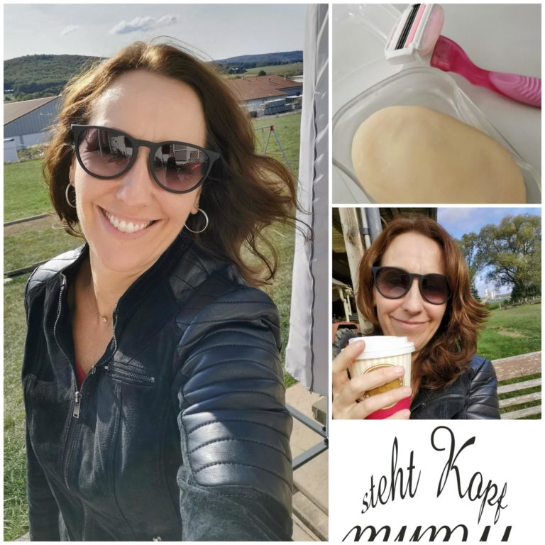Collage: die Autorin lachend mit Sonnenbrille und Lederjacke, mit Kaffeebecher im Garten, Schriftzug Mama steht Kopf