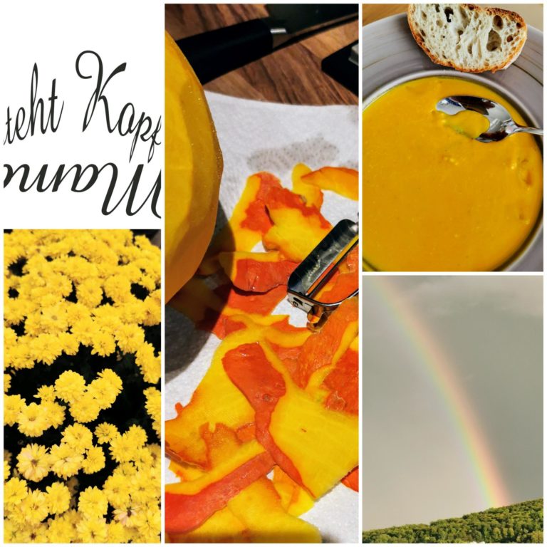Collage: Kürbis, Kürbissuppe, Chrysanthemen, Regenbogen, Schriftzug Mama steht Kopf